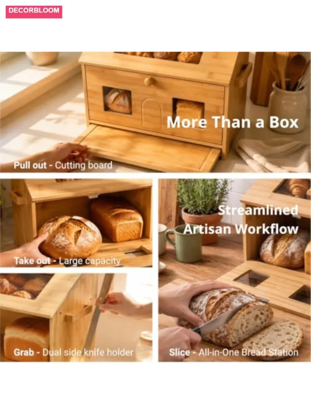 4-in-1 Bamboo Bread Box for Countertop: Store, Slice & Serve, 22.5L